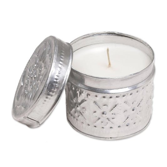 NOVICA Artisan Handmade Aluminum Tinned Candle Ecofriendly Beeswax Floralthemed Metallic Indonesia Lamps Lighting Candles [2.4in H x 2.4in Diam.] ' Soft Light'
