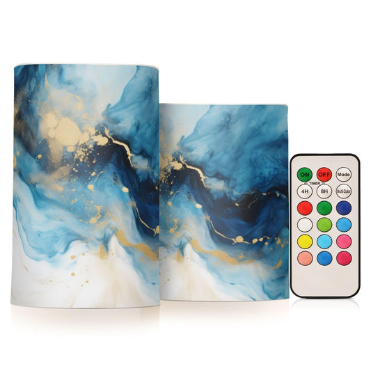 BOENLE Flickering Flameless Candles, Marble Navy Blue LED Candles with Remote Timer, Set of 2 Battery Operated Candle for Valentine Wedding Birthday