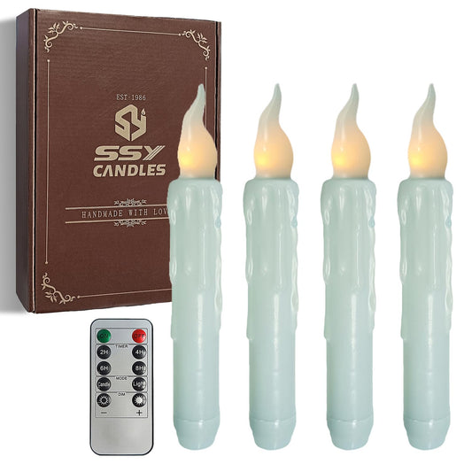 FCMSHAMD Blue Flameless Short Taper Candles, Real Wax Hand Dipped LED Battery Operated with Remote, Flickering Flame Lights for Festival Party Home Décor, 6.7 Inch Primitive Flameless Candles, 4PCS