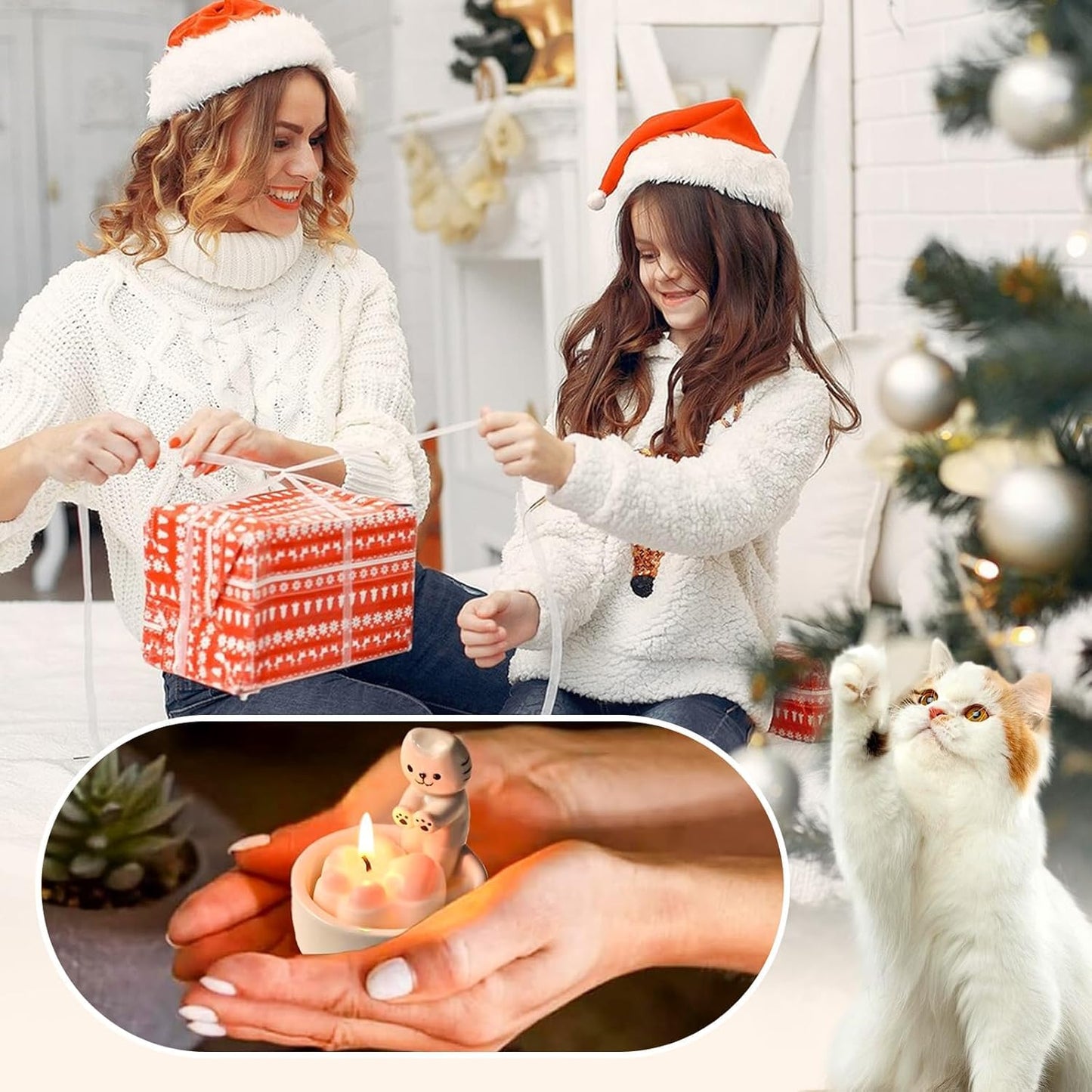 ProNature Kitten Candle Holder with 2 Cat Keychains, Ceramic Cat Mom Gifts, Cute Cat Home Decor Candlestick, Cat Lover Gifts for Women, White（Candle not Included
