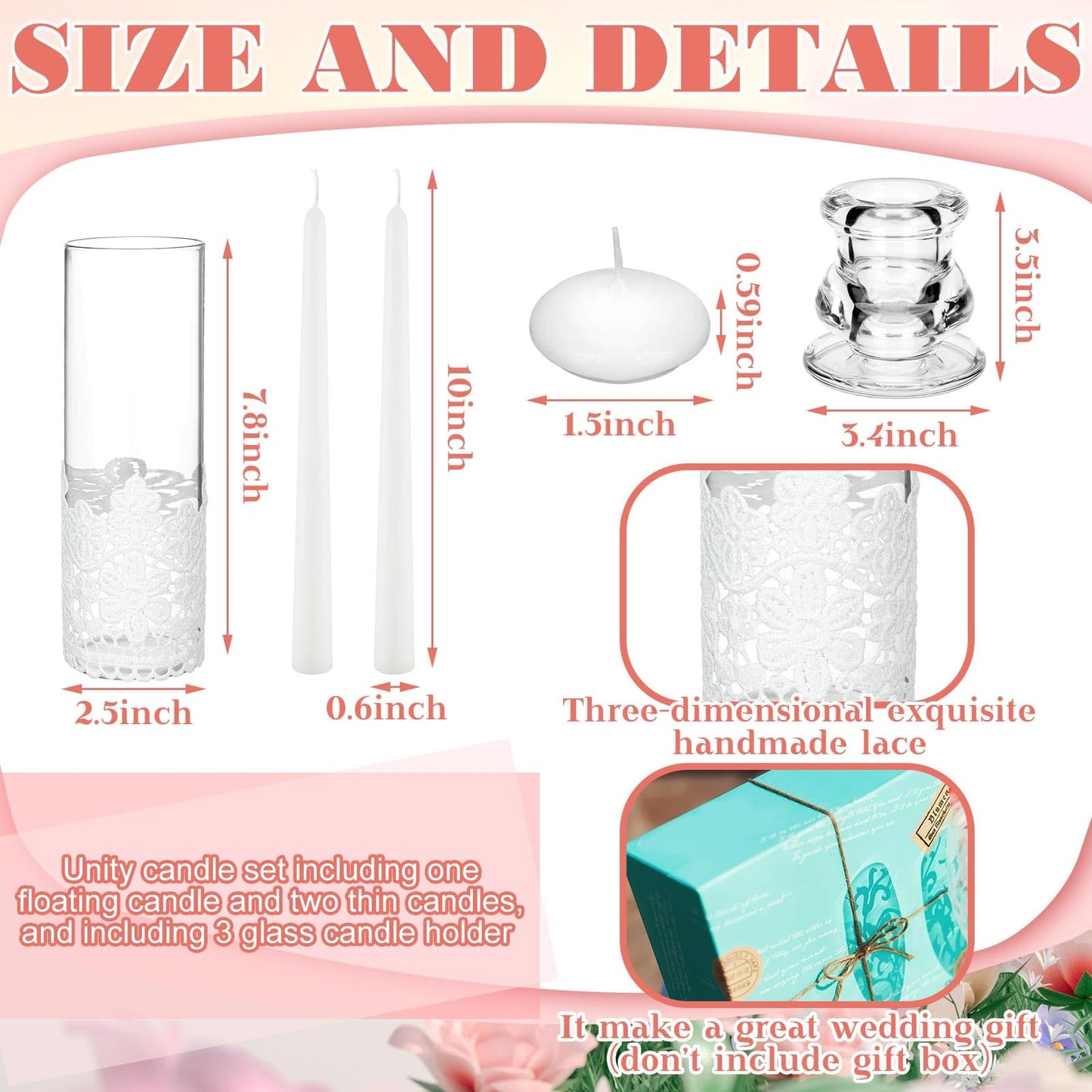 Irenare Unity Candles with Holder for Wedding Ceremony Wedding Decortions Accessories Glass Candle Holder Pillar Candle for Formal Events Church(Lace)