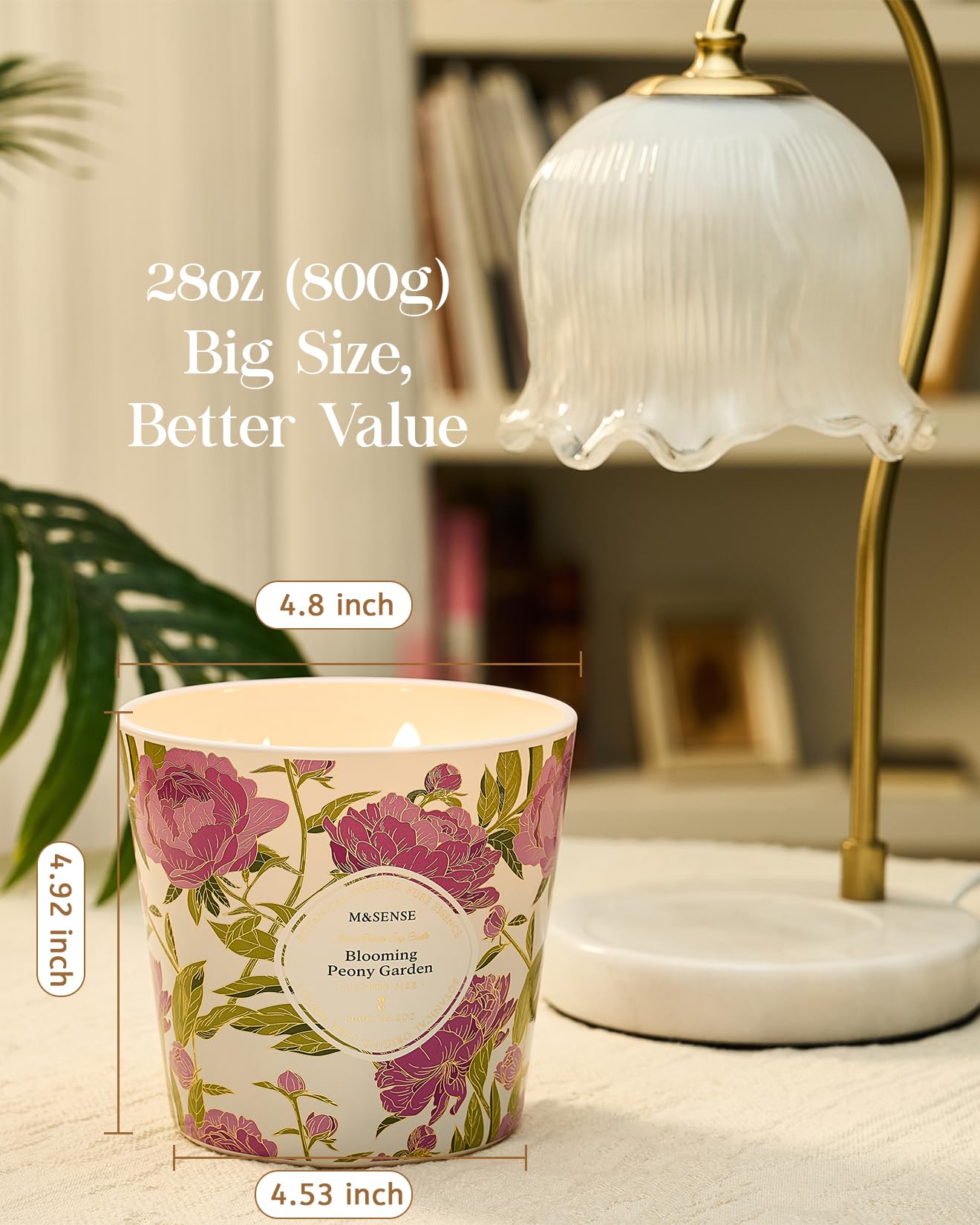 M&SENSE Blooming Peony Scented Candle, 28.2oz 3 Wick Natural Soy Wax Large Candles, Long Lasting Clean Slow Burning No Toxic Décor for Home Relaxation, Romantic Dates & Gift-Giving