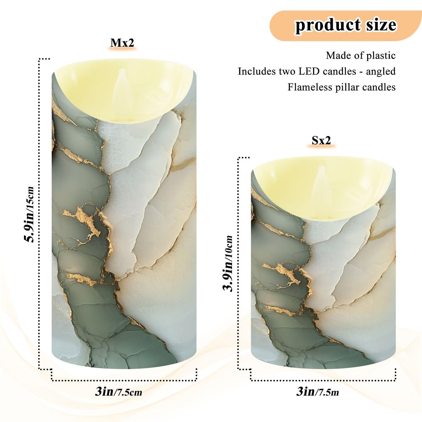 famyily Waterproof Outdoor LED Candles with Timer 2/4/6/8H Reusable Battery Operated Fake Candles for New Year’s Eve Party 5.9x3in - Marble Sage Green White