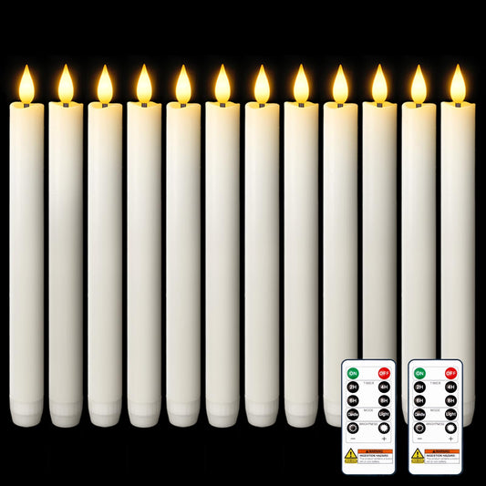 Homemory 12 Pcs Waxy Flameless Taper Candles with Remote, Flickering Battery Operated, LED Flameless Candlesticks, Classic Tall Taper Candles for Home, Wedding, Party, White, 9.6 inches