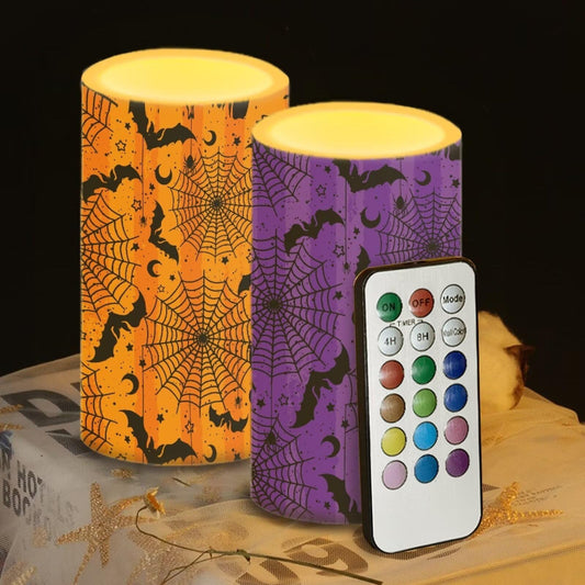 Luarisgur Novelty Spider Web Bat Flameless LED Candles Electric Pillar Candle with Remote Timer Color Changing Control Long Lasting Pack of 2 for All Hallows' Eve Decor