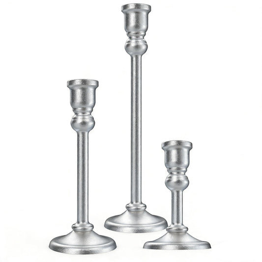 Desami 3-Piece Metal Candle Holders Set - Heavy Duty Alloy Taper Candlesticks for Table Centerpiece, Christmas, Dinner Party, Vintage Home Decor - 5-7.5 -10.3Inch Tall, Antique Gold Finish (Silver)