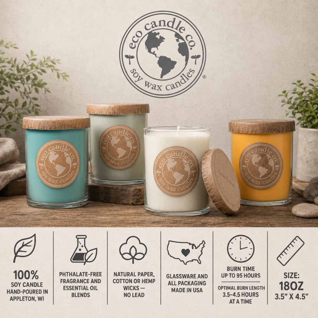 ECO CANDLE CO. Recycled Candle, Clean Sheet Day, 18 oz. Double Wick - Scents of Clean Linens - 100% Soy Wax, No Lead, Kraft Paper Label & Lid, Hand Poured, Phthalate Free, Midwest Grown Soybeans