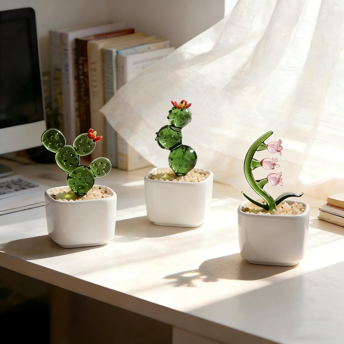 Glass Flowers Fake Cactus Decor,Cute Desk Decor for Women Office,Crystal Flowers in Vase for Desk Trinkets,Handmade Small Gifts for Women & Plant Lover Gifts