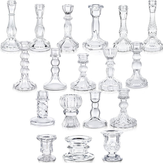 Mumufy 18 Pcs Glass Crystal Taper Candle Holders Clear Glass Candlestick Holder Fit 0.8 Inch Candles Crystal Decorative Candlestick Stand Centerpiece for Table Wedding Dining Party