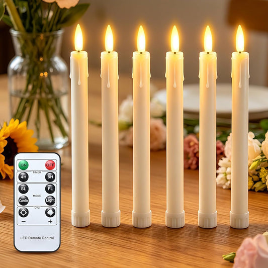JOSU LED Flameless Taper Candles with Remote Timer, 6 Pcs Ivory Fake Candlesticks Battery Operated 3D Flickering, Realistic Electric Candles Warmer Lamp Light for Wedding Party Home Decor, 0.78"x8.86"