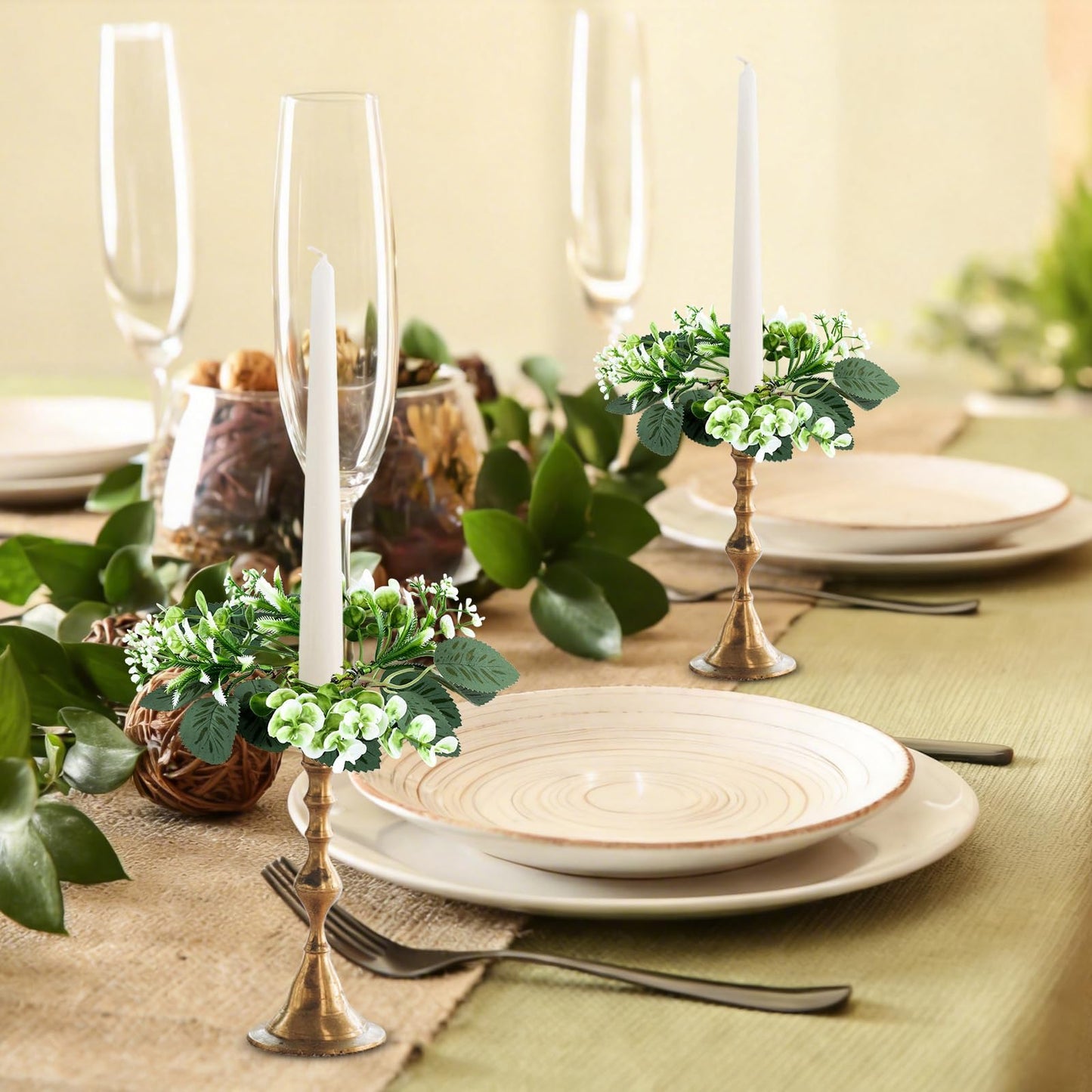 4 PCS Eucalyptus Taper Candle Rings Wreaths 1.38" Mini Spring Summer Floral Taper Candle Holder Wreaths Artificial Greenery Leaves Table Centerpieces Wreath for Farmhouse Home Candlesticks Decor