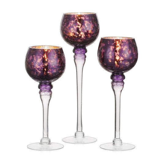 Inweder Glass Tealight Candle Holder: Purple Mercury Votive Holders 9/10/12 Inch Tall Long Setm Floating Candle Holders for Christmas Dining Table Centerpiece Wedding Party Halloween Set of 3