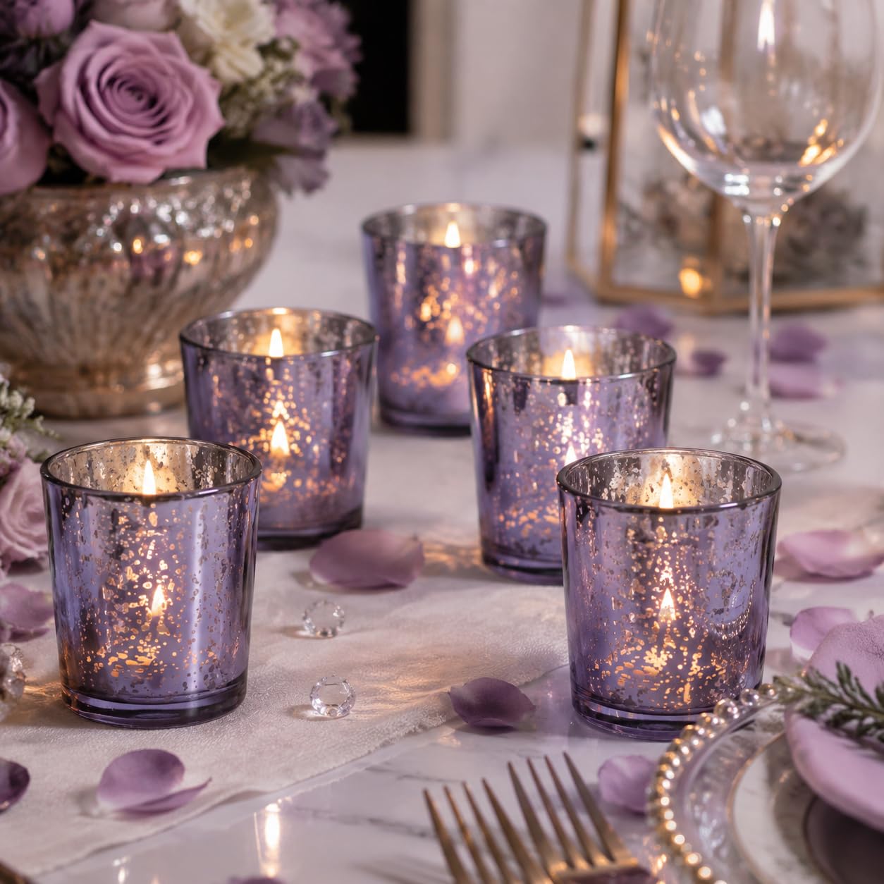 LETINE 48pcs Purple Votive Candle Holders – Glass Tea Light Candles Holder, Standard Votive Size for Regular Votive Candles & Wax Tea Light – Bulk Candle Holder for Party Decoration, Bridal Shower