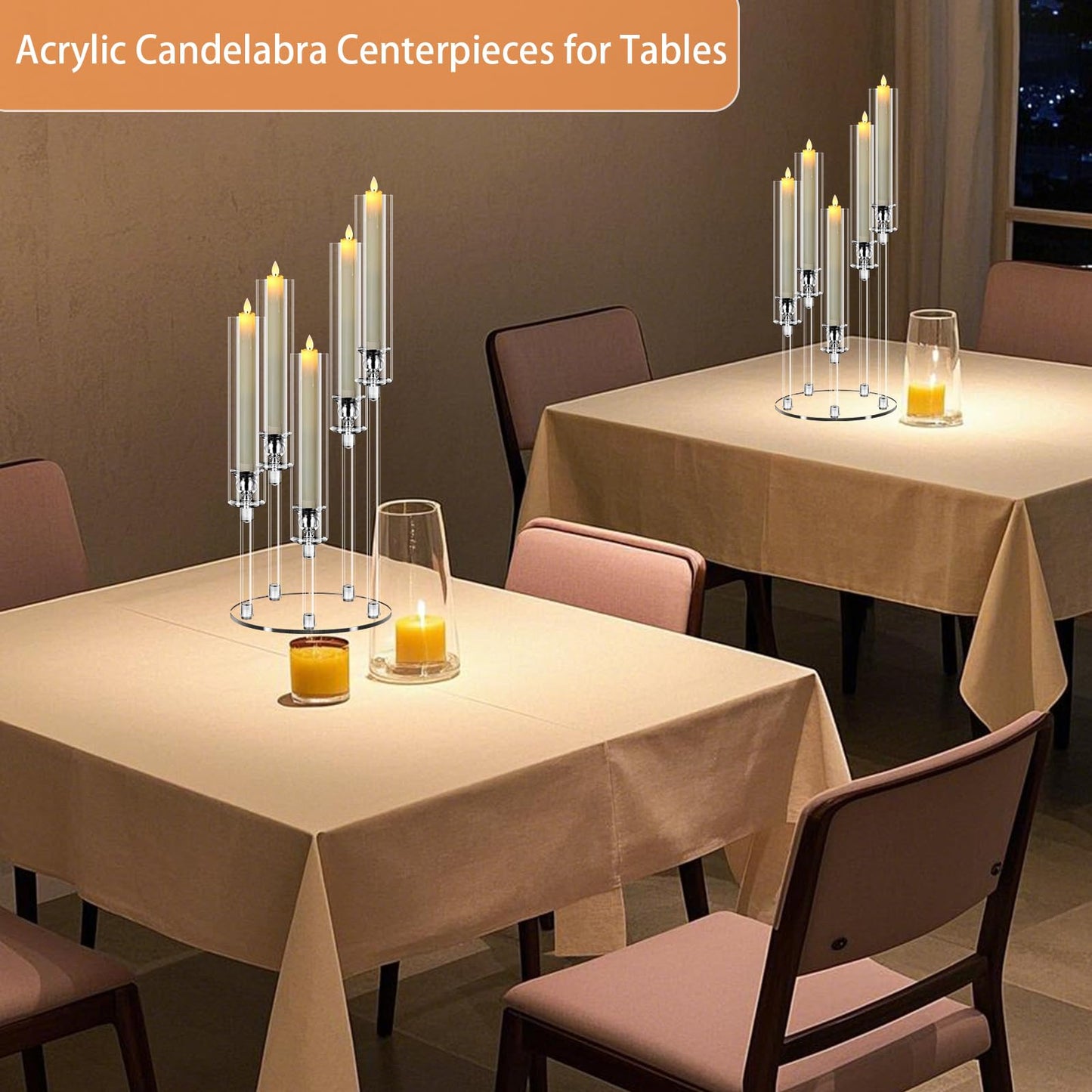 Cheloment 4 Sets 5 Arms Acrylic Candelabra Centerpieces for Tables, 22.8" Clear Candle Holder for Wedding Dinner Party and Home Decor,Candlesticks Holder with LED Candles