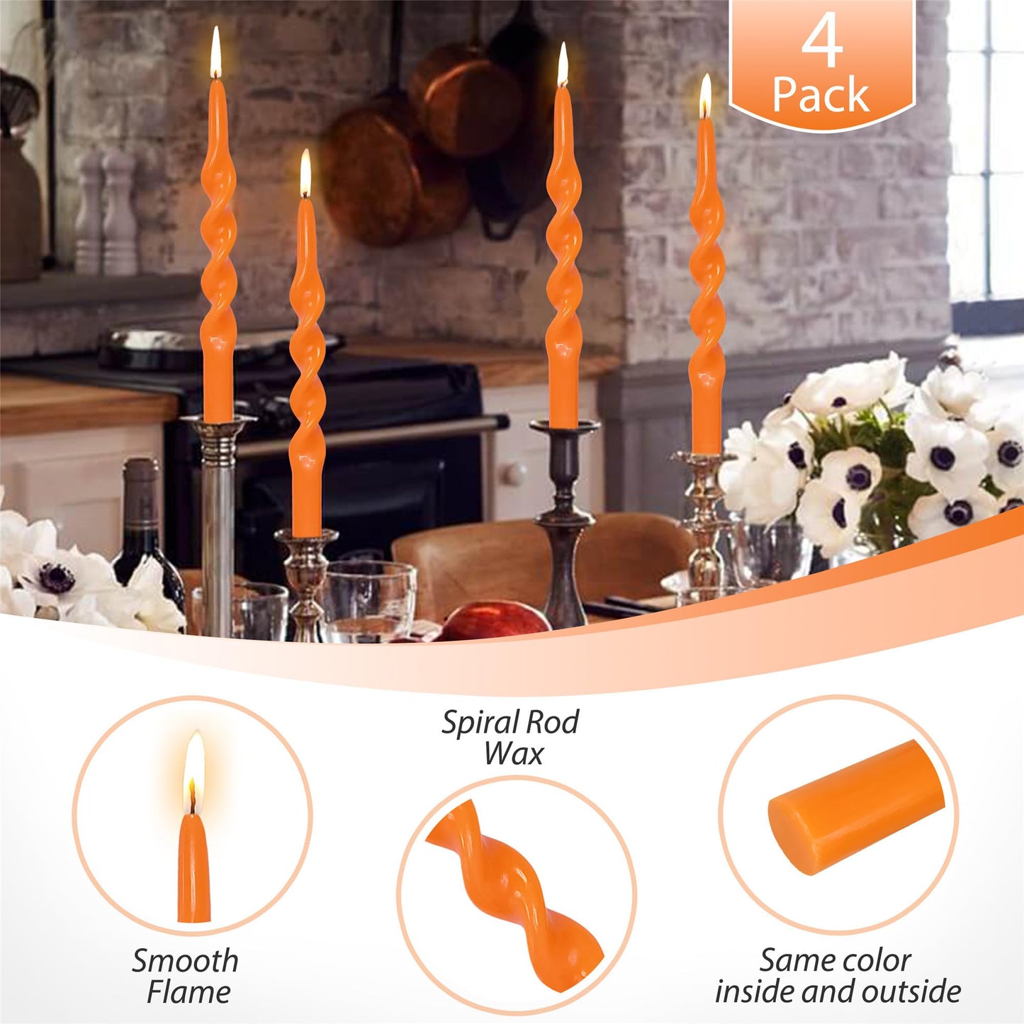 4pcs Halloween Spiral Candlesticks Orange Tapered Candle,10INCH Cute Candle Sticks Short Taper Candles Pumpkin Twisted Candlestick for Holiday Halloween Party Gifts
