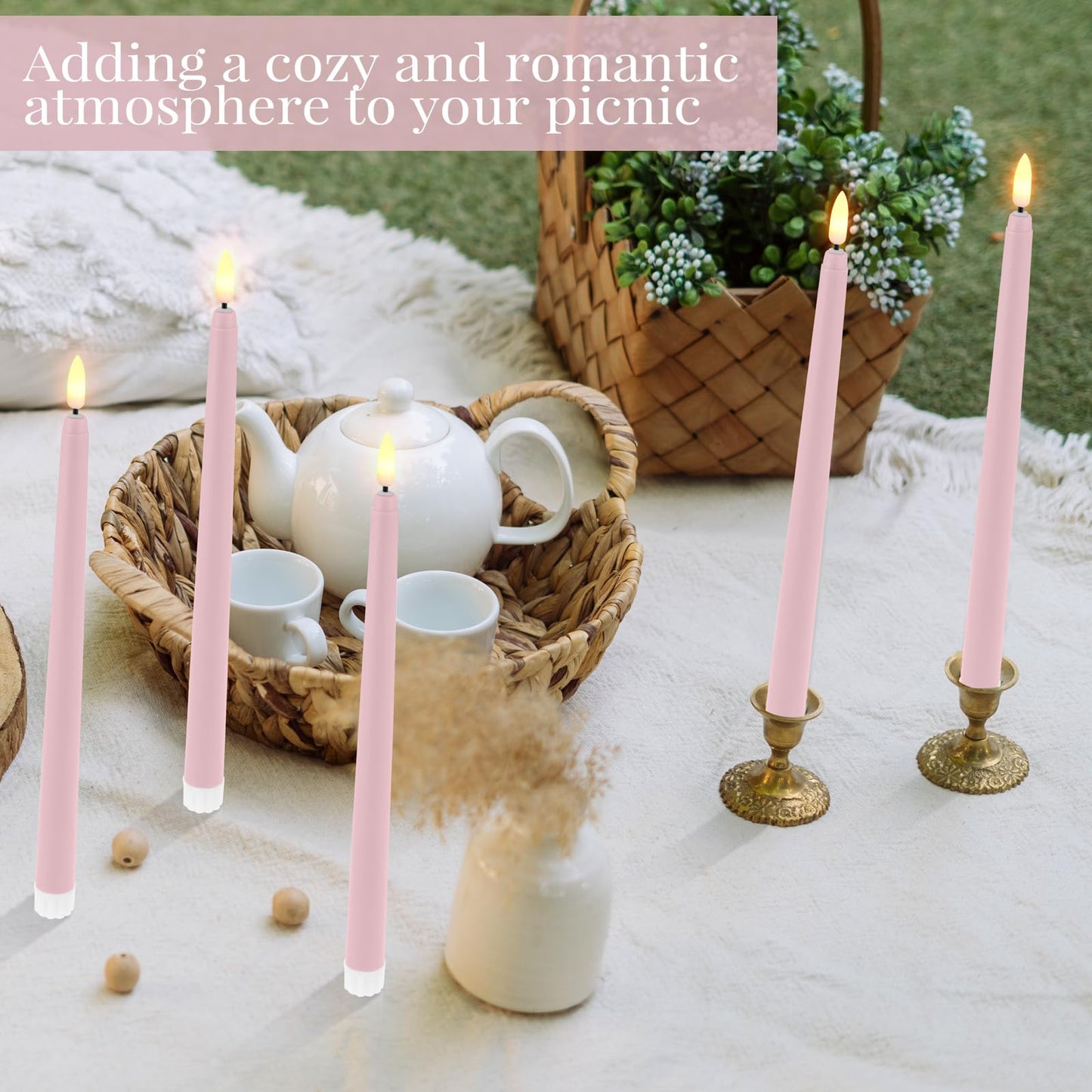 Handepo 48 Pack Flameless Taper Candles Realistic with Yellow Flickering Candlelights Plastic 11 Inch Last Long Battery Operated Window Candlestick for Halloween Christmas(Pink)