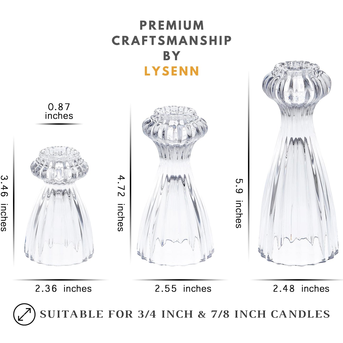 Lysenn Glass Candle Stick Holder Set of 3 – Premium Taper Candle Holders for Romantic Ambiance - Candle Sticks Holder Decor for Special Occasions - Iridescent