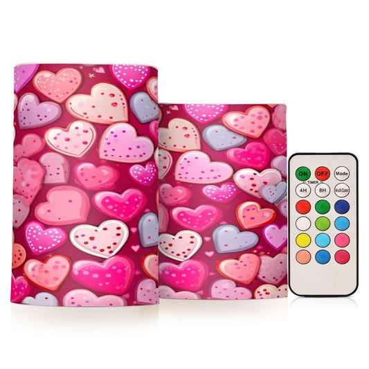 BOESI Doodle Pink and Purple Heart Flameless Candles Color Changing LED Candles with Remote Control Battery Candles for Outdoor and Indoor Home and Room Decoration, 3'' x 4''/5'' Set of 2 Pieces