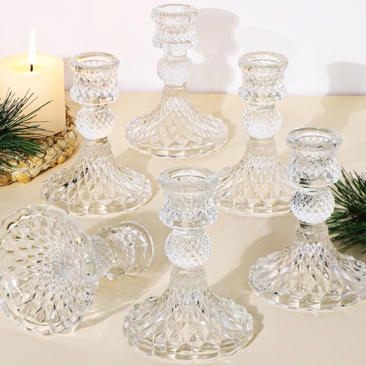 Glass Candle Holder Set of 6, Clear Candlestick Holder & Vintage Candlestick Holder, Taper Candle Holder for Table Centerpieces, Fall, Christmas, Autumn, Thanksgiving Decor