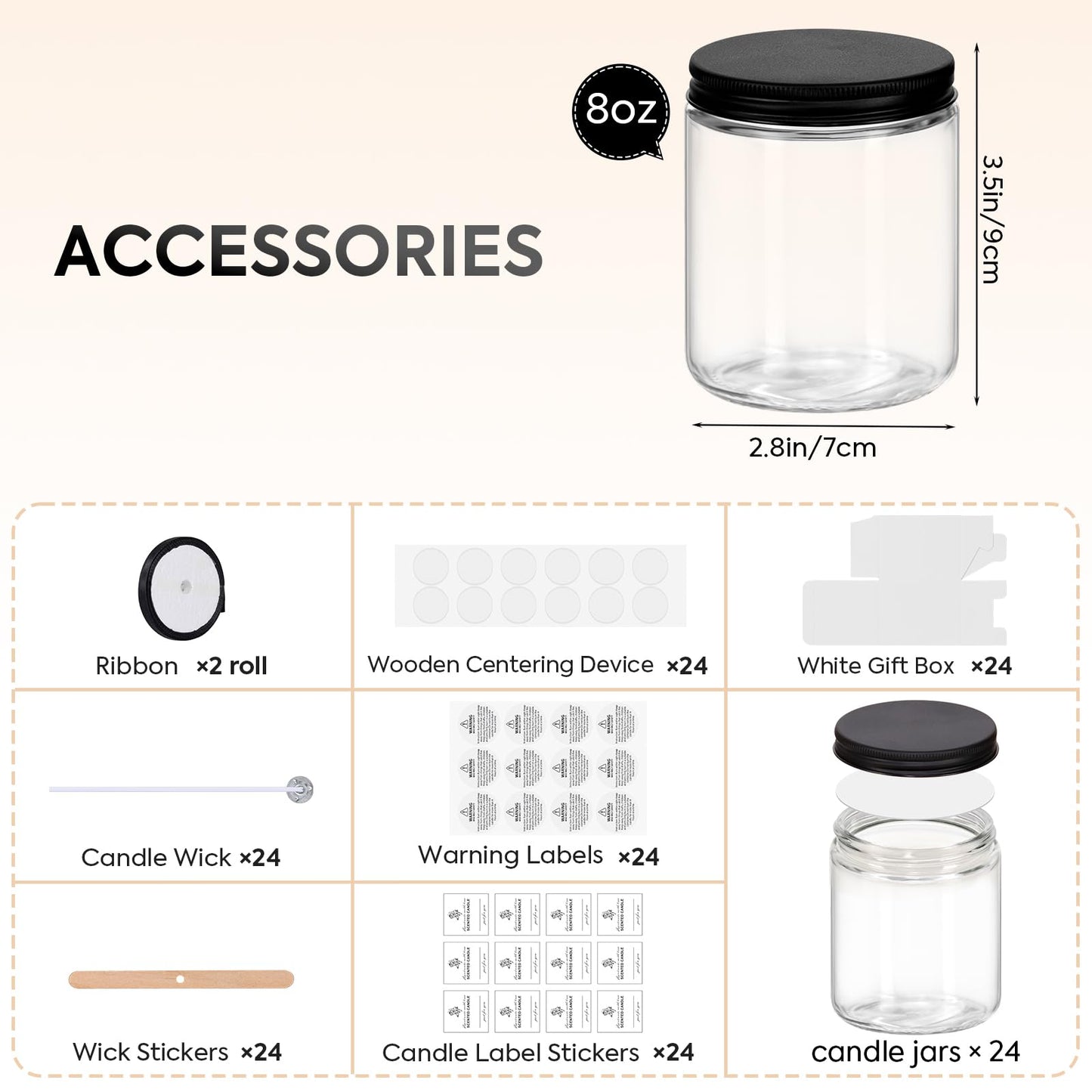 24 Pack 8OZ Thick Glass Jars with Metal Lids,Candle Jars for Candle Making with Kits & Labels & Gift Box,Empty Glass Jars for Food Storage,Canning, Spices, Liquids