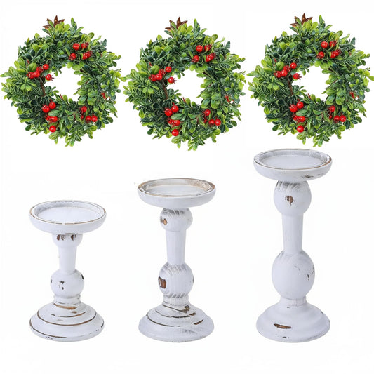 Mumufy 6 Pcs Christmas Candle Holders for Pillar Candles Rustic Wooden Farmhouse Christmas Table Centerpiece Decoration Tall Vintage Xmas Candlestick Wreath Ring for Dinning Fireplace Mantel Decor
