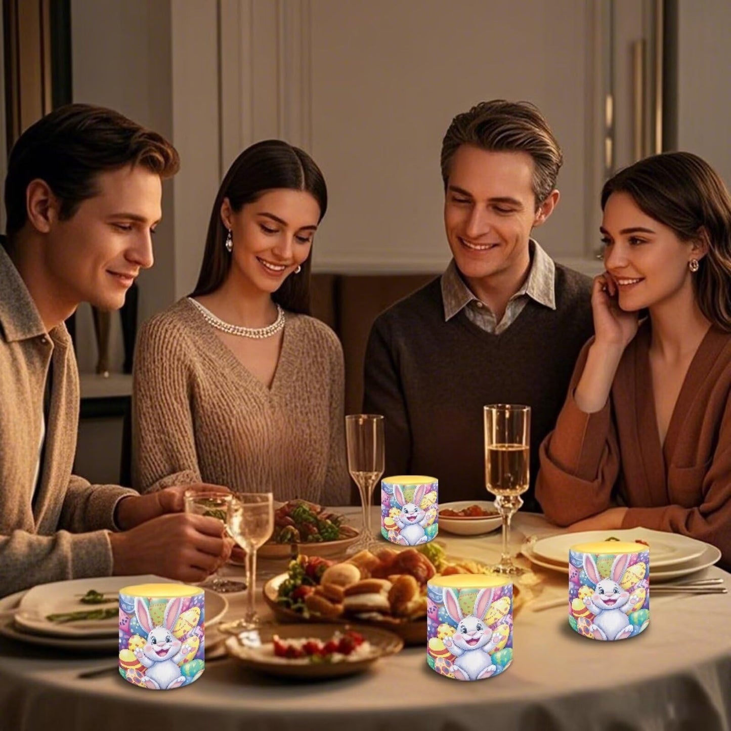 Merkmak Pack of 4 Flameless Candles with Timer Battery Operated Candles with Remote, Easter Eggs Cartoon Bunny Print LED Pillar Tea Lights for Easter Day Patio Banquet Home Decoration