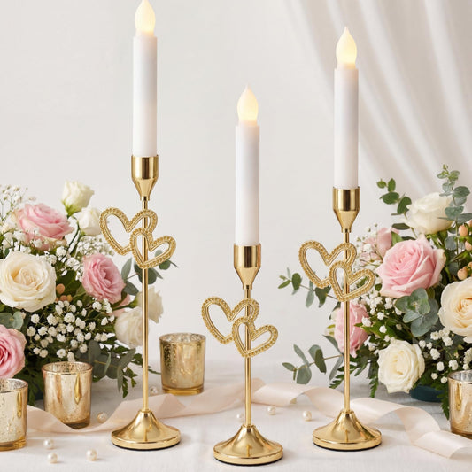 Ceenna 3 Pcs Gold Heart Candle Holders, 3 Size Taper Candle Holder Heart Shaped Candlestick Holders Brass Vintage Modern Centerpiece Decor for Wedding Valentine's Day Table Housewarming Gift