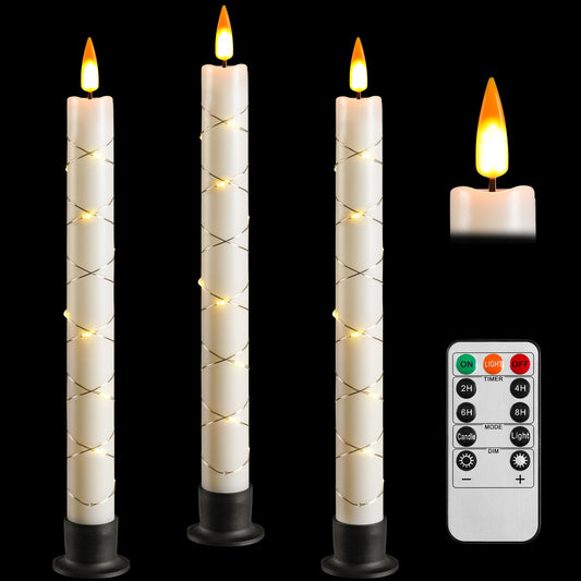 Da by 3 Pack Ivory Heat Resistant Flameless Taper Candles, Cross Surrounding Fairy String Lights, Realistic Dynamic Flame LED Candles with Remote Control for Indoor Outdoor Decor
