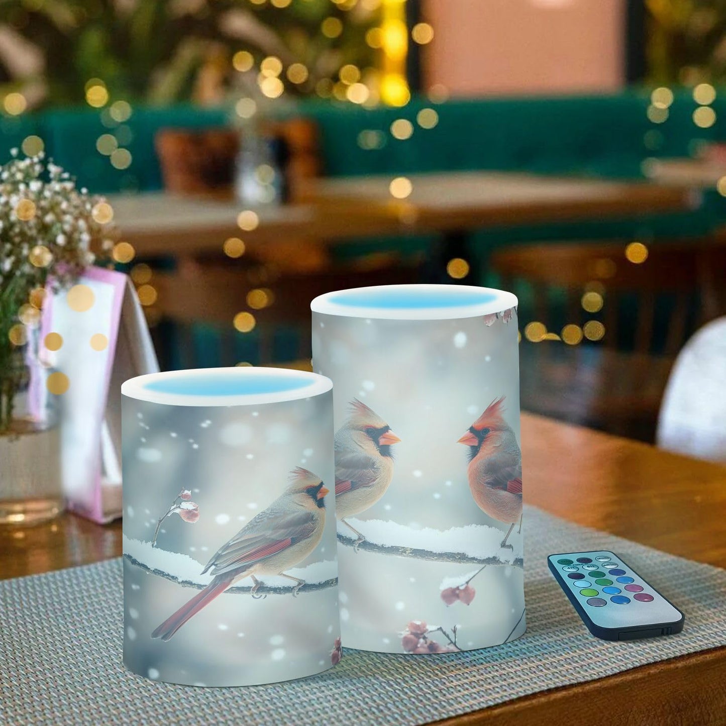 ALAZA Winter Red Birds Branch Snow Flickering Flameless Candles Battery Operated with Remote Timer,Tea Light Candles LED Pillar Votive Candles Set of 2 for Outdoor Indoor Decorations
