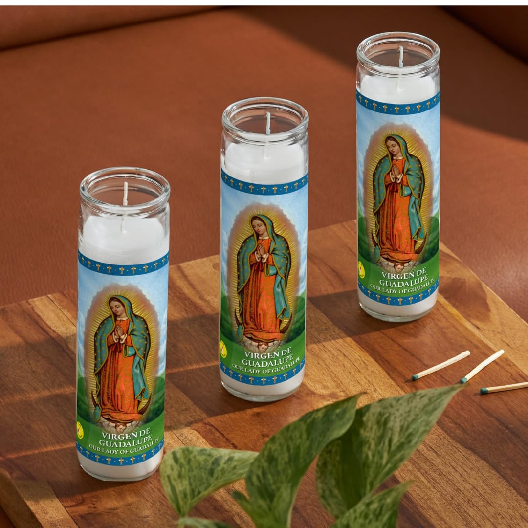 Simply Soson Lady of Guadalupe Prayer Candle, 3 Pack, Great for Sanctuary Vigils and Prayers, Unscented Glass Candle Set, Jar Candles, Devotional Spiritual Religious Church Cemeteries