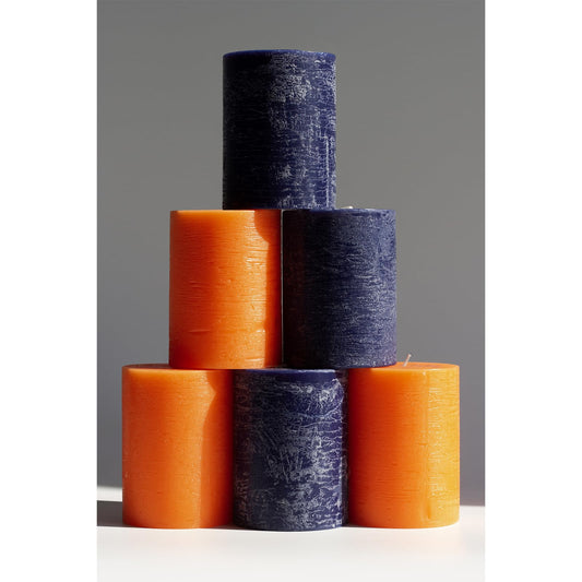 CANDWAX 3x4 Inch Dark Blue and Orange Pillar Candles Bundle - 3 Dark Blue and 3 Orange Candles - Unscented Decorative Candle - 6 Pack