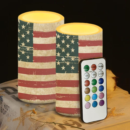 Luarisgur American Flag Flameless Candles 2 Pack 6 x 3 inch Battery Operated Candles with Multicolor Timer Remote Control LED Fake Candles for Warm Light Dinner Table Home Decor Gifts for Veterans