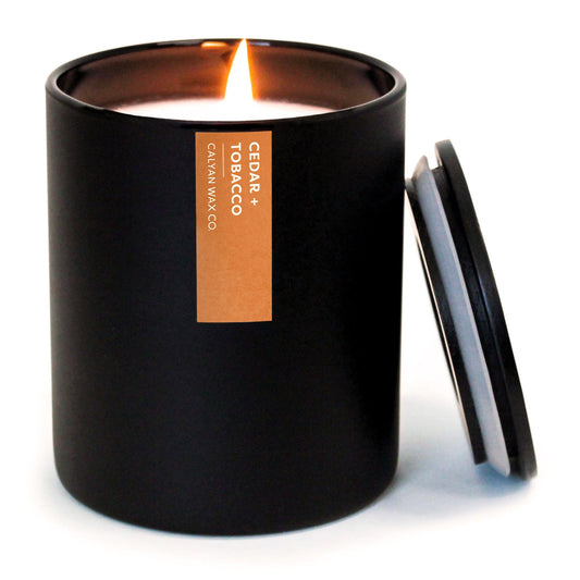 Calyan Wax Co. Cedar & Tobacco Scented Candle - 75 Hour Burn - Luxury Clean Soy Wax Candles - Long Lasting Black Tumbler Jar Candle for Home - 10.2oz