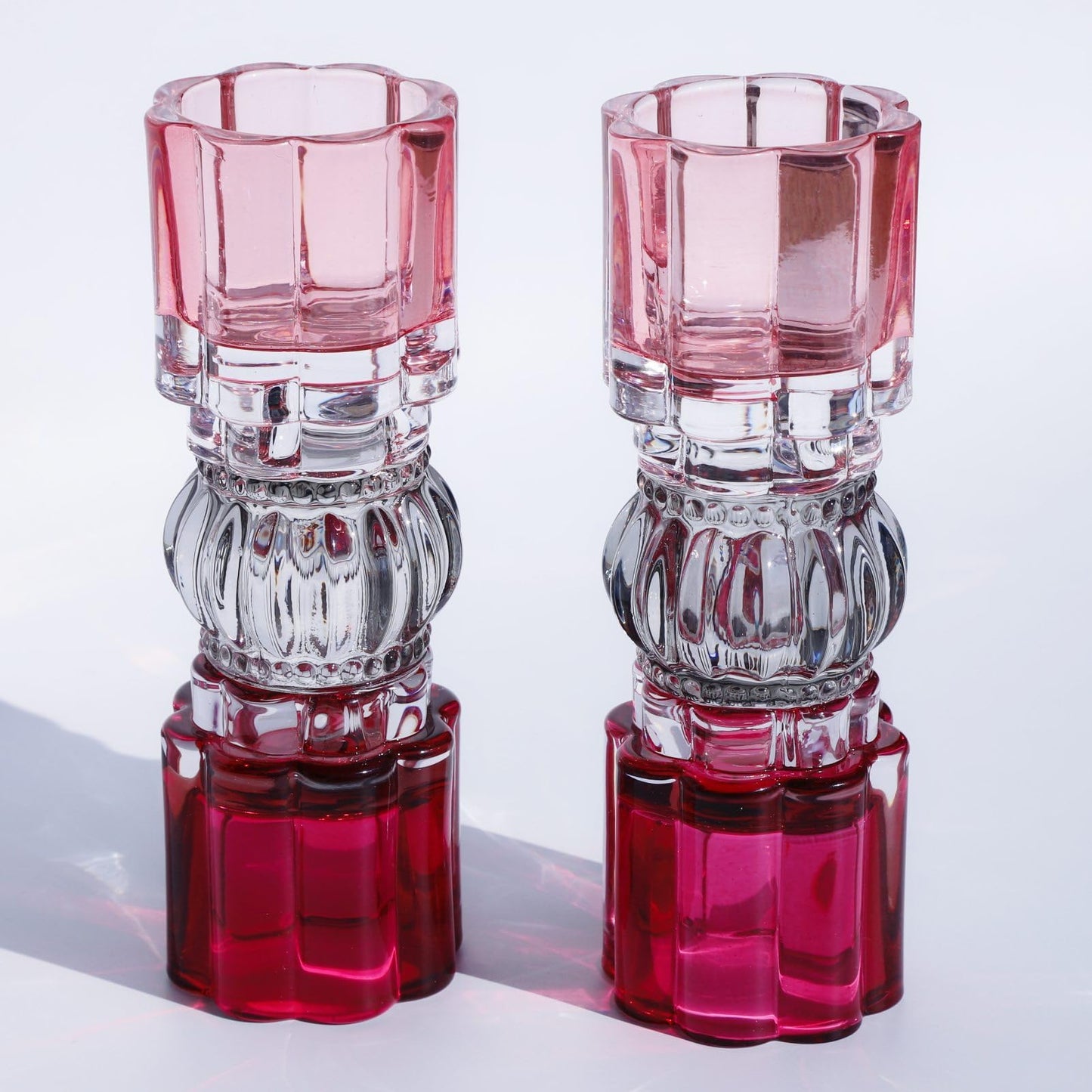 VOHO Pink Candle Holder for Valentines Day Decorations, Set of 2 Heavy Glass Votive Candle Holders Decor for Room Table, Romantic Tealight Candle Holder Gifts for Her(7.87x2.75 in W/H, Shades of Pink)