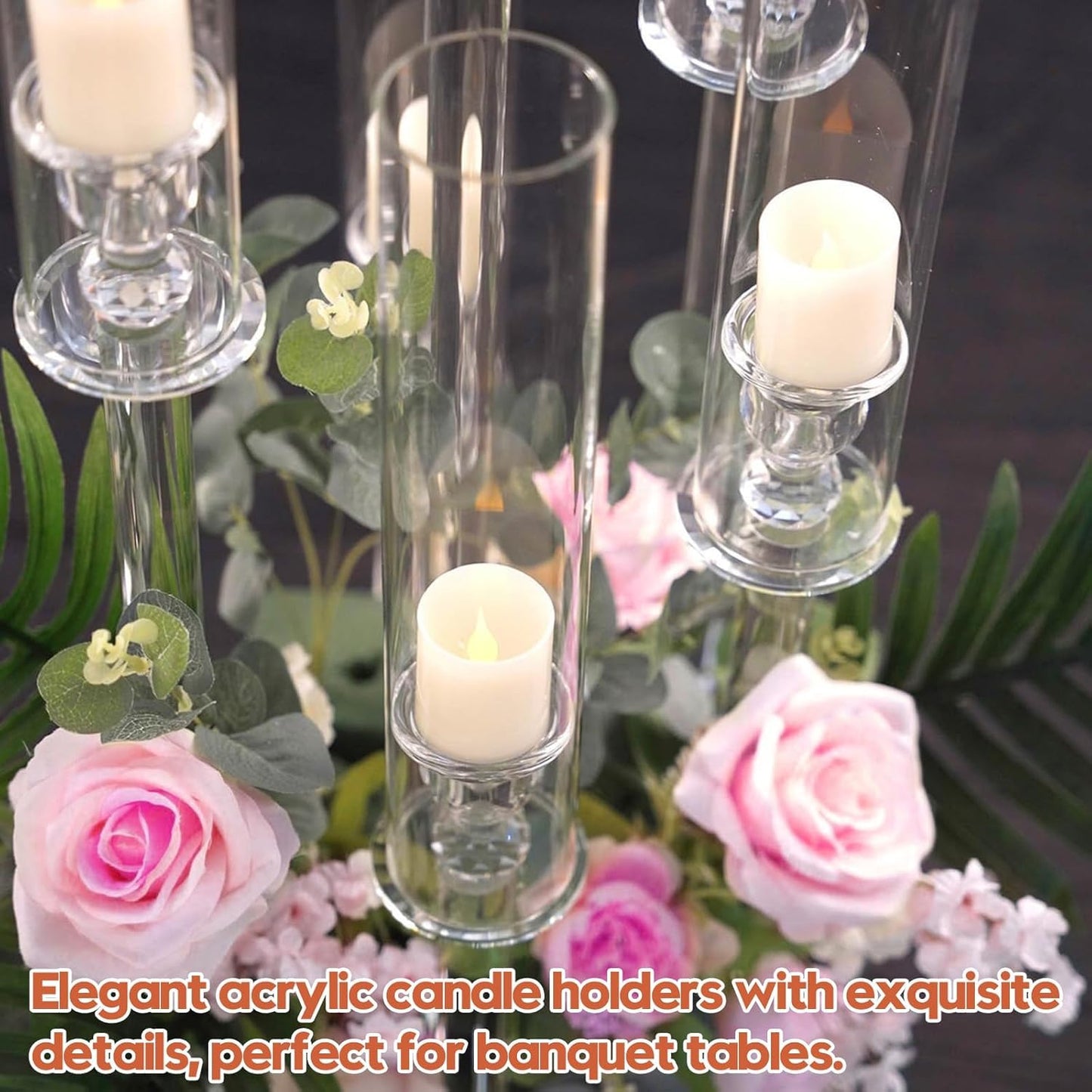 6 Set 5 Arm Acrylic Candelabra Centerpiece, Mjkeomo 27'' Tall Clear Candle Holder for Table, Wedding, Christmas, Fireplace Mantel Decor, Fits 0.82" LED Candles