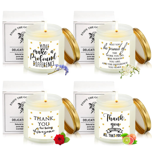 Fumete 4 Pcs Thank You Gifts Candles 3.5 oz Soy Wax Scented Candles Thank You for Being Awesome Inspirational Candle for Teacher Appreciation Secretaries Employee, 4 Fragrances (White, Stylish)