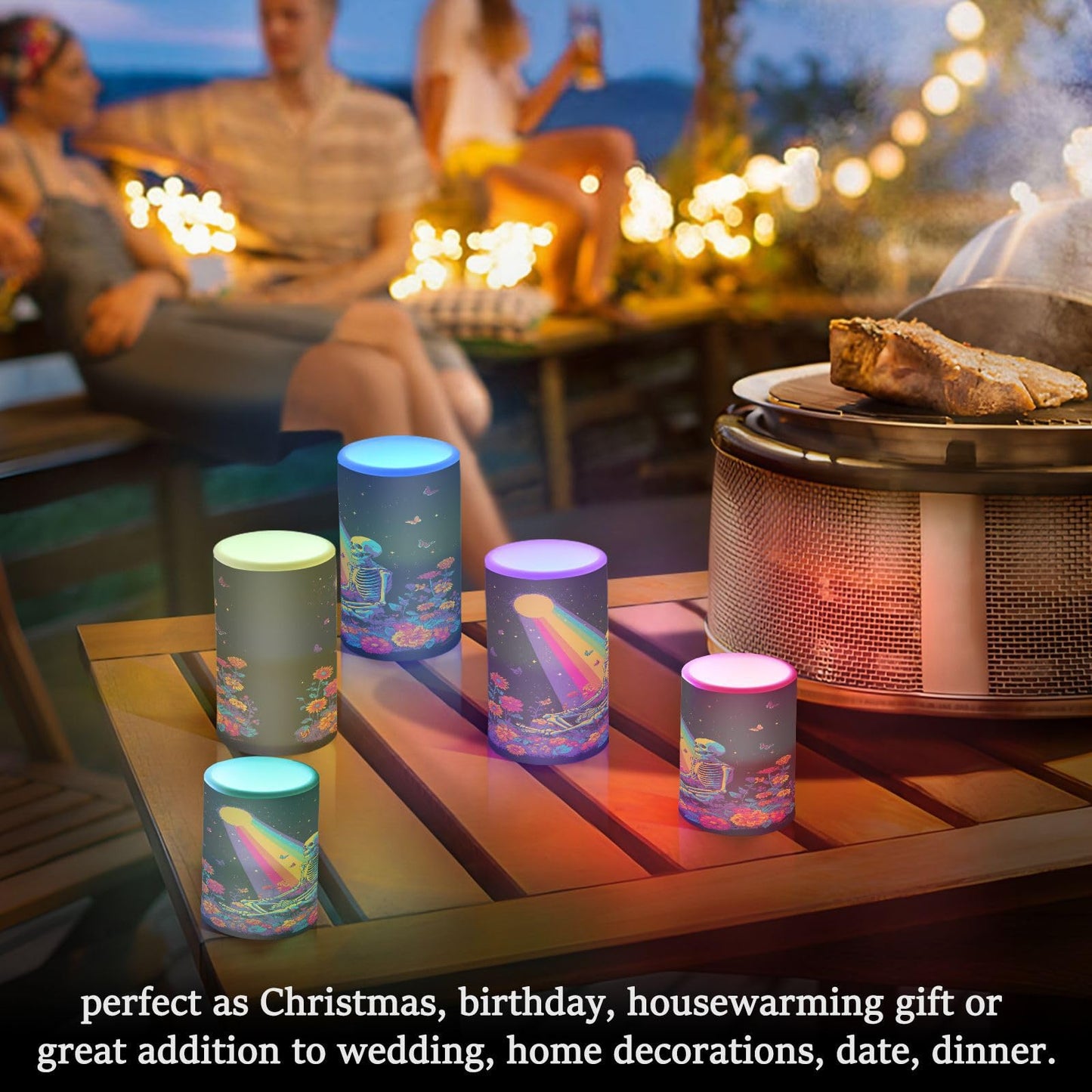 ALAZA Flameless Candles with Remote Timer,Rainbow Skull Battery Operated Candles Set of 2 LED Tea Lights Flickering Pillar Votive Candles for Indoor Outdoor Decor