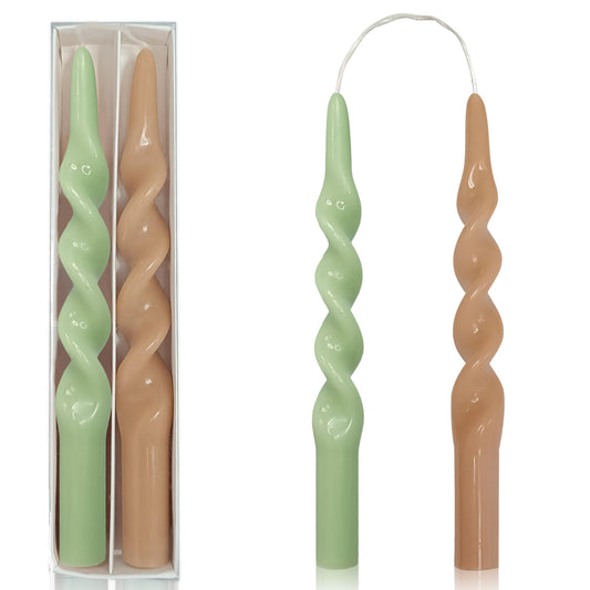 XINAOBAOLUO Spiral Taper Candles Twisted Candlestick 10 Inch Tall Candle Stick Smokeless Wax Candle Unscented Long Candles for Home Decoration Holiday Wedding Party, Brown & Green