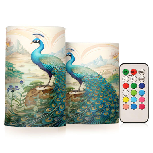 BOENLE Flickering Flameless Candles, Peacock Garden LED Candles with Remote Timer, Set of 2 Battery Operated Candle for Valentine Wedding Birthday