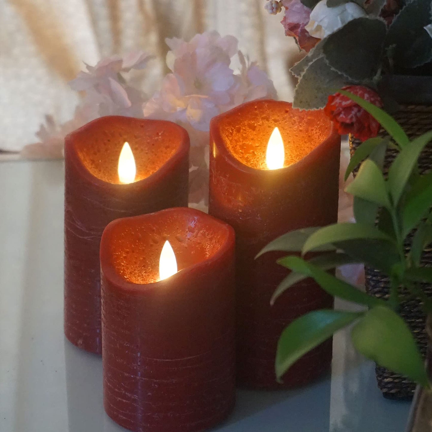 Real Wax Battery Operated Flameless Pillar Candle with Remote and Cycling Timer Realistic Flickering Electric Tall LED Light for Wedding Dinner Party Christmas Centerpiece Fireplace Decor 3 Pack Brown