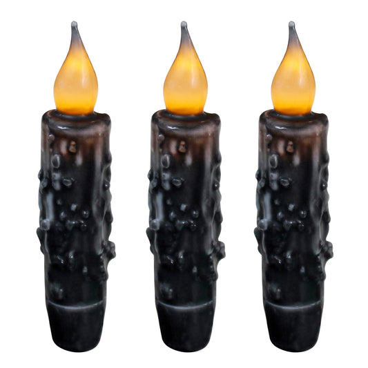 CVHOMEDECO. Real Wax Hand Dipped Battery Operated LED Timer Taper Candles Country Primitive Flameless Lights Décor, 4-3/4 Inch, Matt Black, 3 PCS in a Package