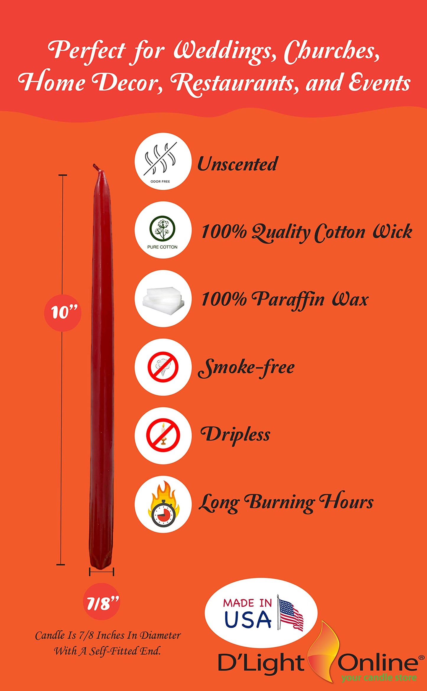 D'light Online Elegant 10" Unscented Pomegranate Red Taper Candles, Premium Quality Hand-Dipped Tapered Candles, Dripless and Smokeless - Set of 12 Individually Wrapped (10 Inch, Pomegranate)