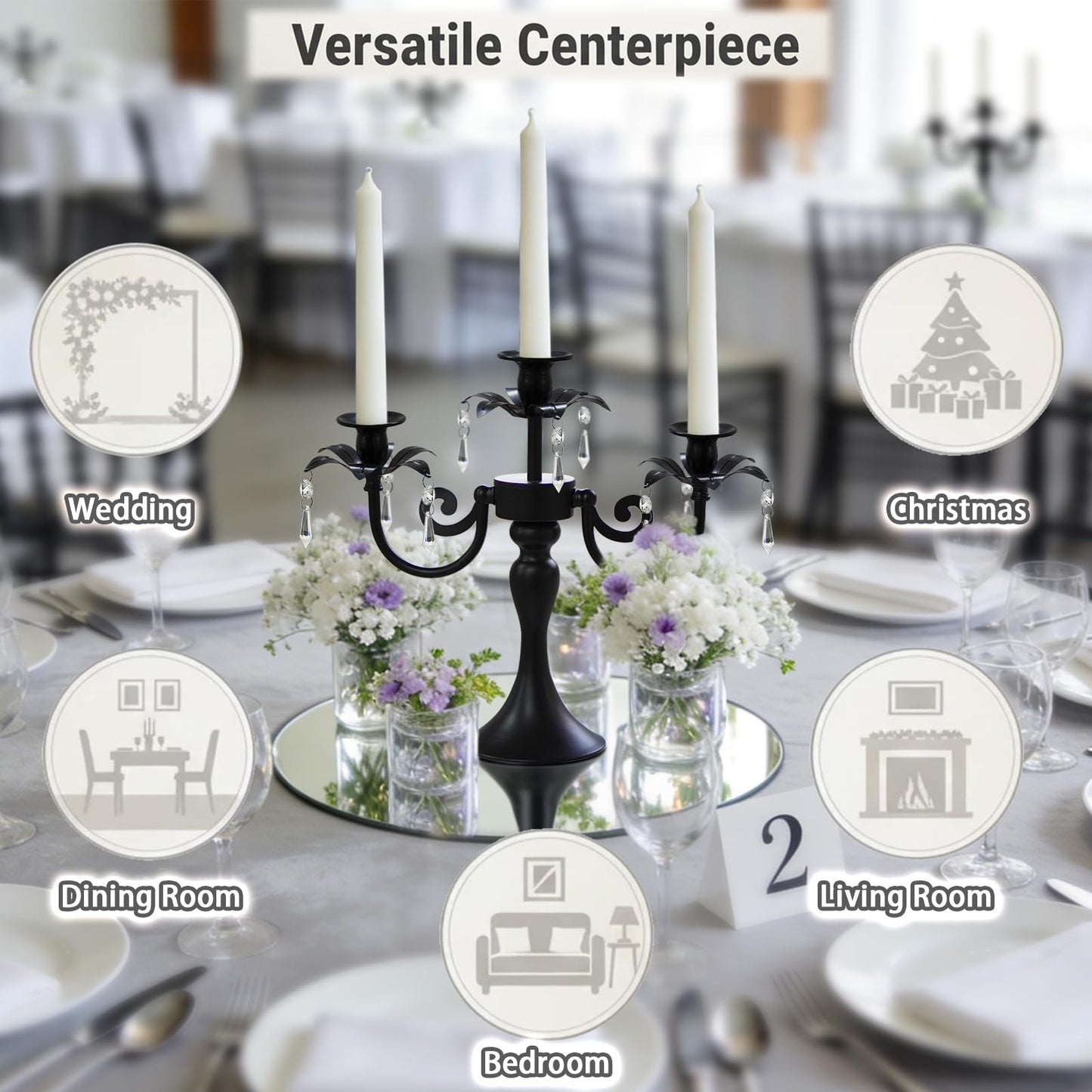 KEHAIL Metal 3 Arm Candelabra with Crystal Pendants - 11.8 Inch Tall Candle Holders, Set of 2 - Elegant Taper Candlestick Stand for Wedding, Dining Table, Christmas Party Home Decoration (2, Black)