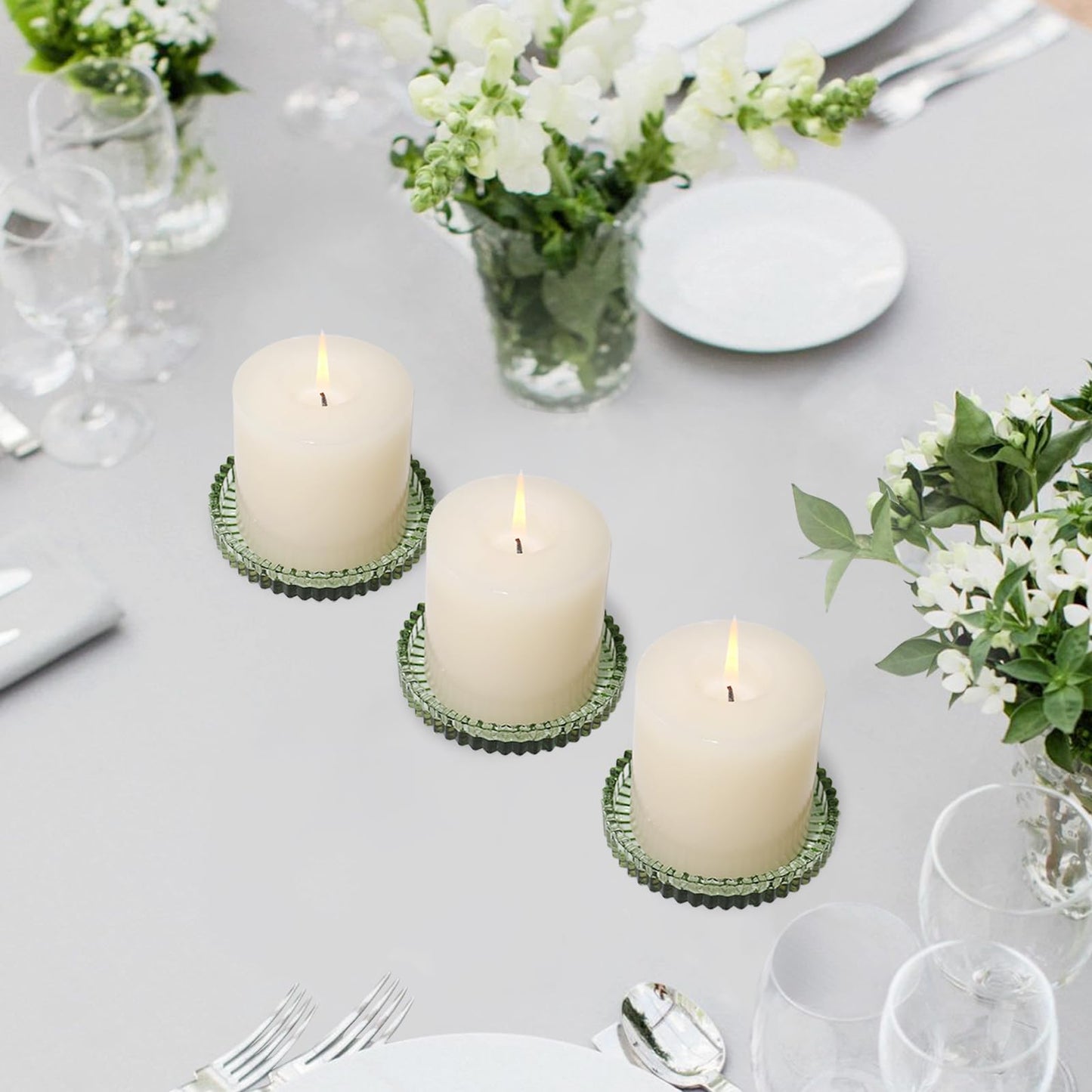 CHOCSTAY Glass Pillar Candle Holder, 4" Green Candle Plates Set of 6, Glass Candle Holders for Wedding, Party, Holiday, Home Decor, Table Centerpiece