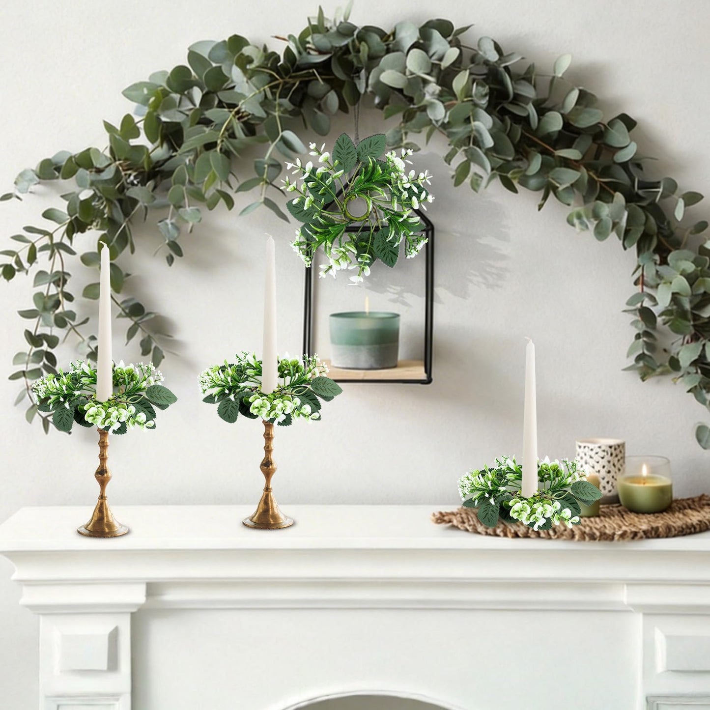 4 PCS Eucalyptus Taper Candle Rings Wreaths 1.38" Mini Spring Summer Floral Taper Candle Holder Wreaths Artificial Greenery Leaves Table Centerpieces Wreath for Farmhouse Home Candlesticks Decor