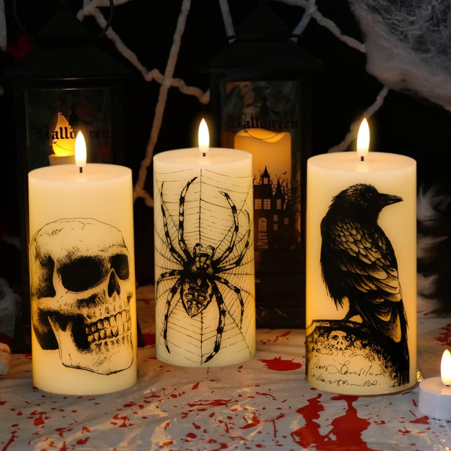 DRomance Halloween Flameless Candles Battery Operated with Remote and Timer, Real Wax 3D Wick LED Flickering Pillar Candles Skull Crow Spider Web Decals Dinner Halloween Decor(3 Pack, 3" D x 6" H)