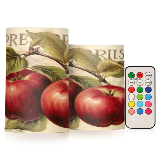 KJIZMO Vintage Apples Flameless Candles with Remote and Timer Battery Operated LED Pillar Color Changing Candles for Night Halloween Party Christmas 2 Pack