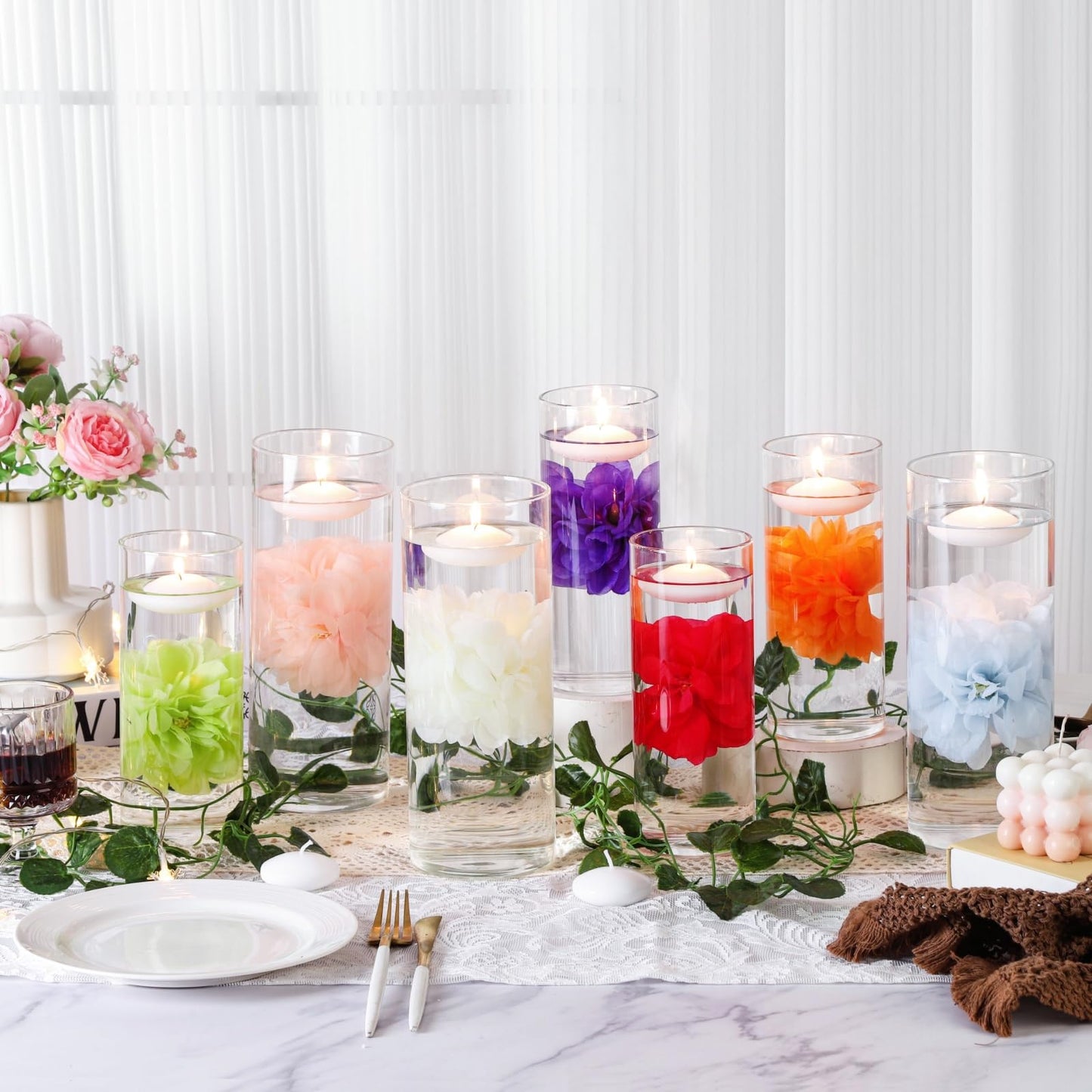 ZJGXH 24 Pcs Floating Candles for Centerpieces and Floating Flowers Vase Fillers for Centerpieces Artificial Purple Flowers for Wedding Table Party Home Decoration