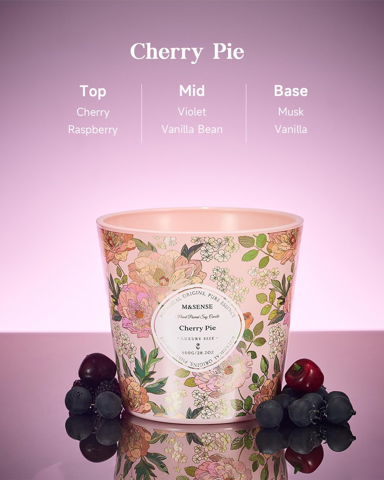 M&SENSE Cherry Pie Scented Candle, 28.2oz 3 Wick Natural Soy Wax Large Candles, Long Lasting Clean Slow Burning No Toxic Décor for Home Relaxation, Romantic Dates & Gift-Giving