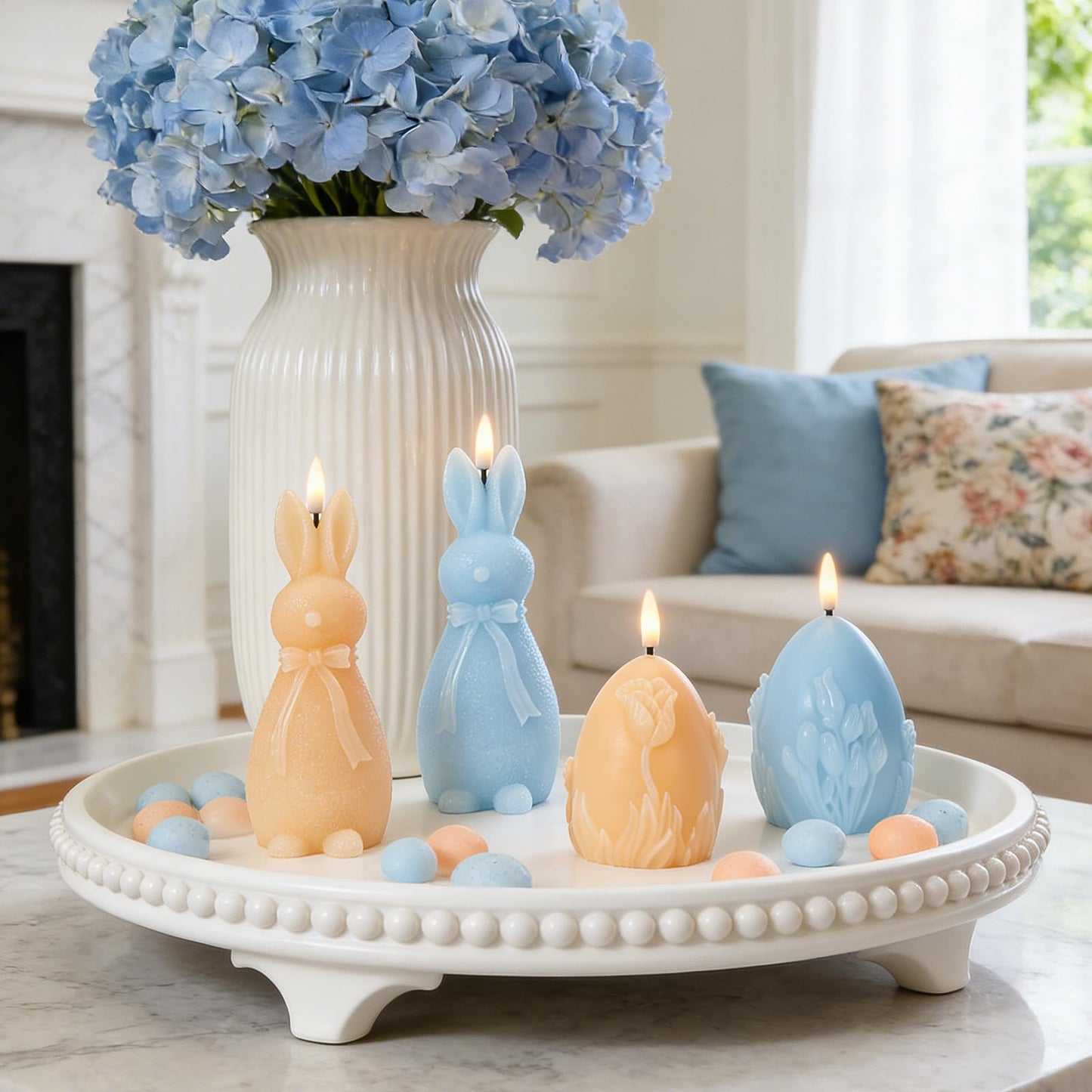 WDS WONDROUS Easter Flameless Candles Set of 4, LED Bunny & Egg Candles with Floral Embossed Design, Blue & Orange Battery Operated Candle for Home Decor, Gift for Women, Mom, Easter Decor
